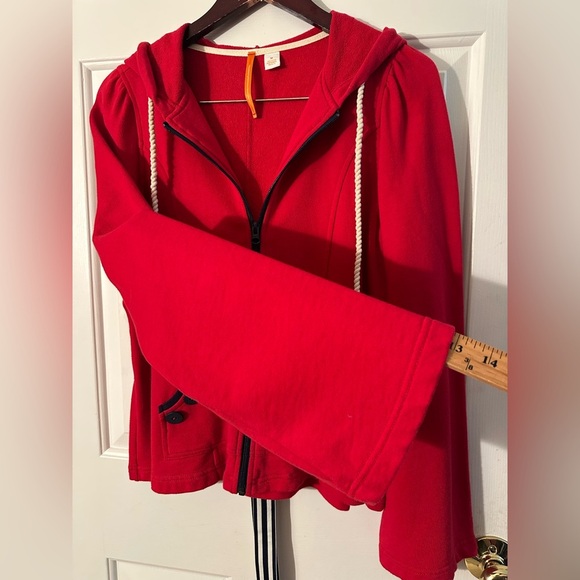 ANTHROPOLOGIE Sunday Mon M Coastal Red Hoodie Ribbon Bow Bell Sleeve Rope String - Picture 5 of 16